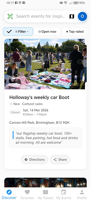 Event card for a weekly car boot sale with photo, date, location, description and quick share buttons