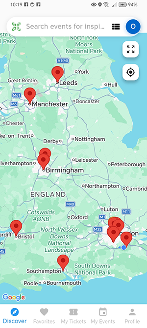 Map view of local events with red pins clustered across the UK from Leeds to Southampton