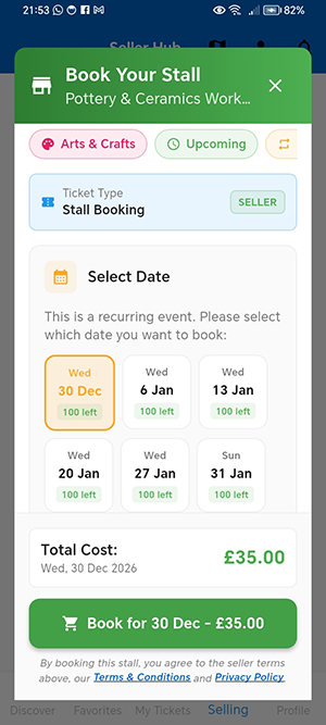 Book Your Stall sheet showing stall types, real-time availability, recurring date picker, and total cost for a Pottery and Ceramics workshop