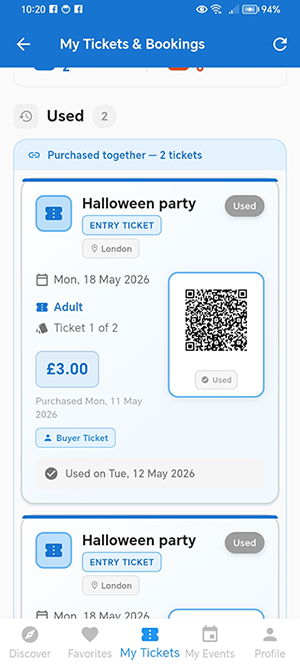My Tickets screen showing a digital event ticket with QR code, ticket type, price and used status
